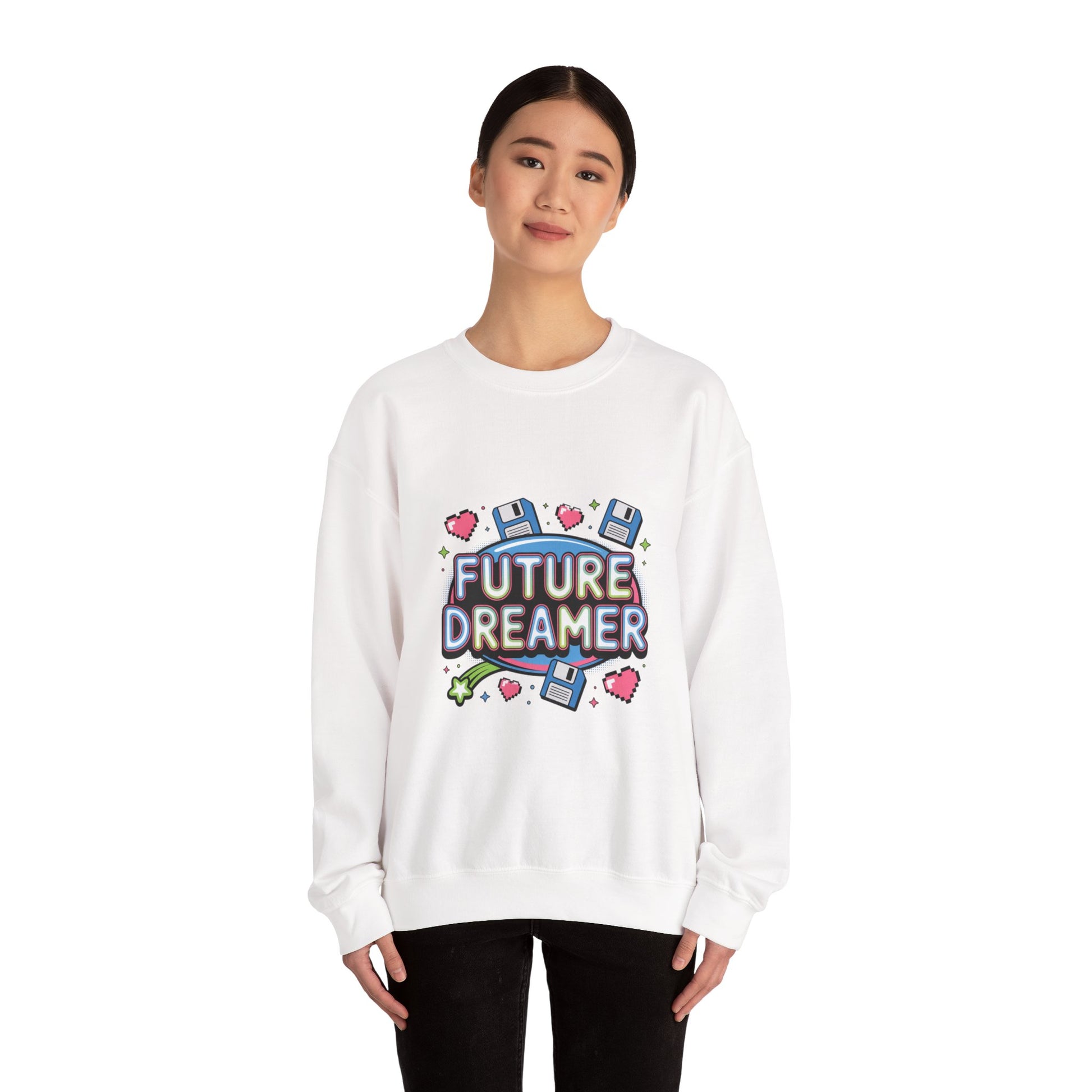 Future Dreamer Crewneck Sweatshirt | Y2K cyber holo aesthetic, retro tech print Printify