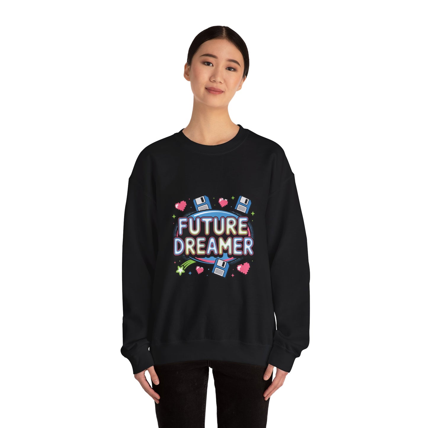 Future Dreamer Crewneck Sweatshirt | Y2K cyber holo aesthetic, retro tech print Printify