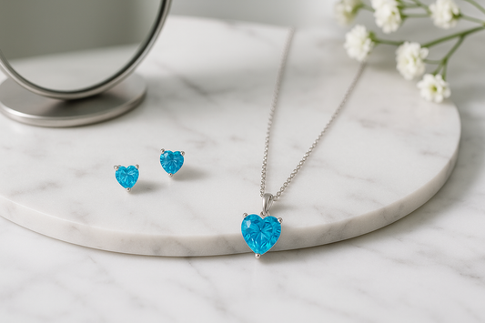 Hypoallergenic Rhodium Plated 925 Sterling Silver Turquoise Blue CZ Heart Jewelry Set