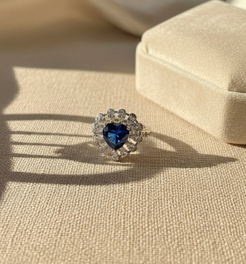 The Midnight Royal: 8A CZ Deep Blue Heart Ring | Adjustable Rhodium Plated Halo Statement Ring | Simulated Sapphire Promise Jewelry Amtikiss Casuals