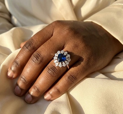 The Midnight Royal: 8A CZ Deep Blue Heart Ring | Adjustable Rhodium Plated Halo Statement Ring | Simulated Sapphire Promise Jewelry Amtikiss Casuals
