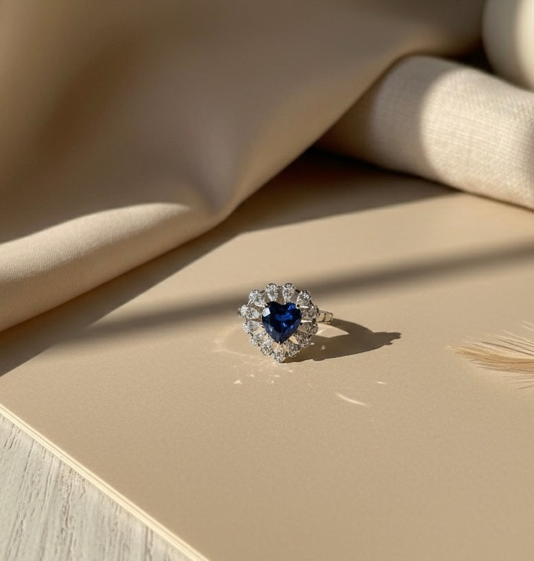 The Midnight Royal: 8A CZ Deep Blue Heart Ring | Adjustable Rhodium Plated Halo Statement Ring | Simulated Sapphire Promise Jewelry Amtikiss Casuals