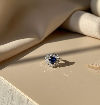 The Midnight Royal: 8A CZ Deep Blue Heart Ring | Adjustable Rhodium Plated Halo Statement Ring | Simulated Sapphire Promise Jewelry Amtikiss Casuals