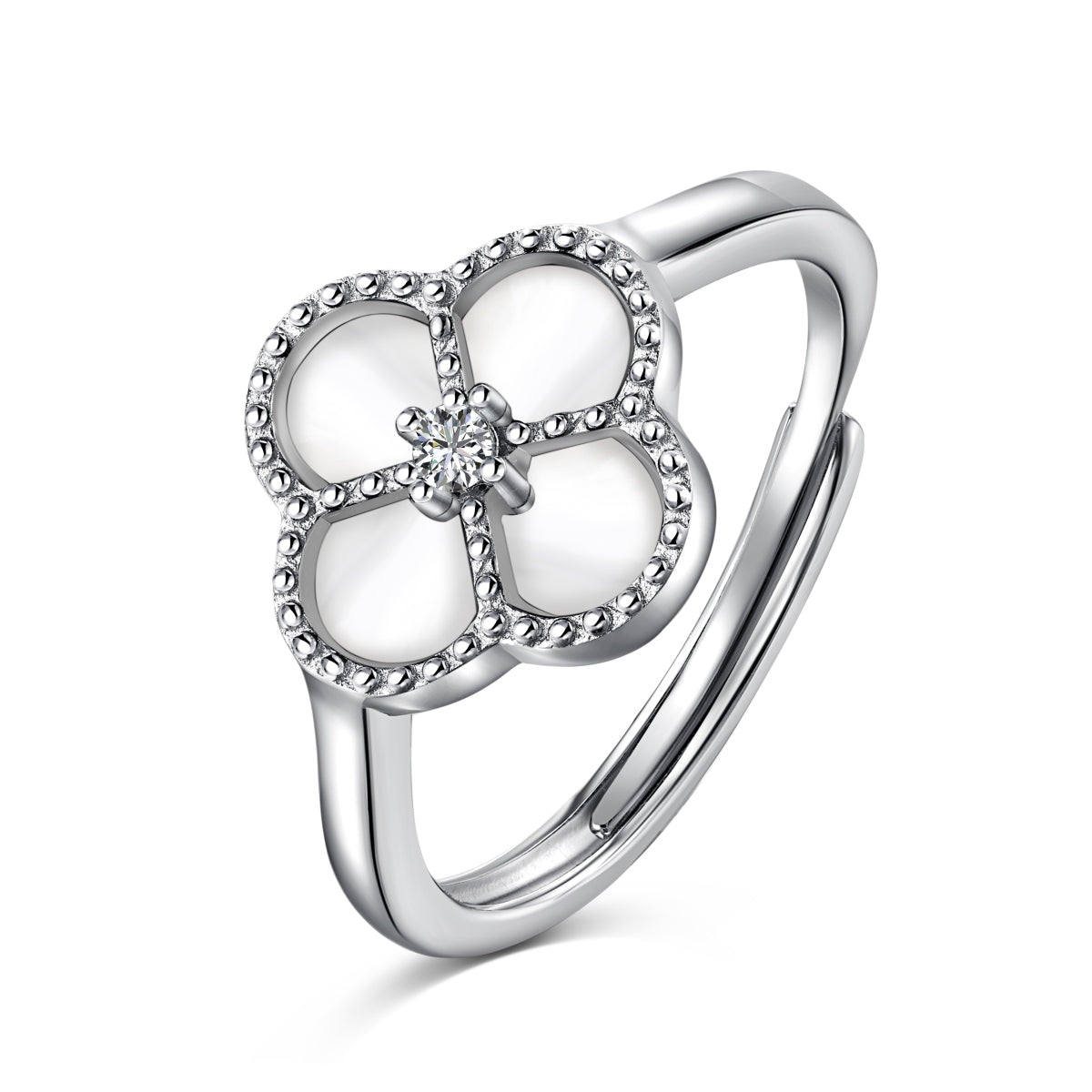925 Sterling Silver Clover Ring with White Shell & CZ - Hypoallergenic Rhodium Plated Amtikiss Casuals