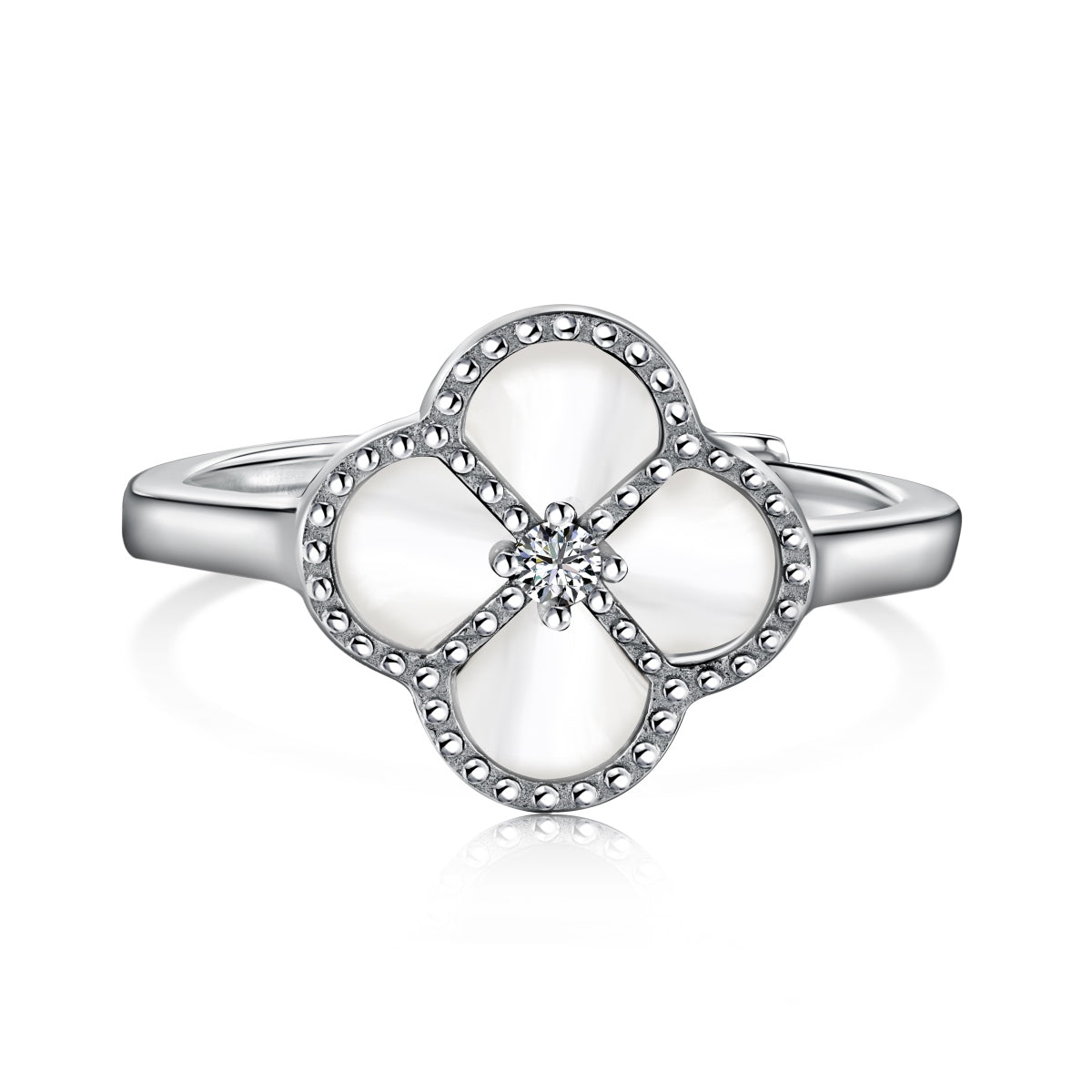 925 Sterling Silver Clover Ring with White Shell & CZ - Hypoallergenic Rhodium Plated Amtikiss Casuals