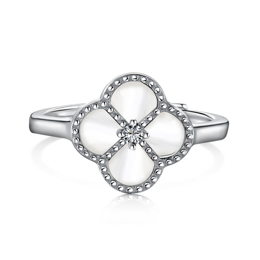 925 Sterling Silver Clover Ring with White Shell & CZ - Hypoallergenic Rhodium Plated Amtikiss Casuals