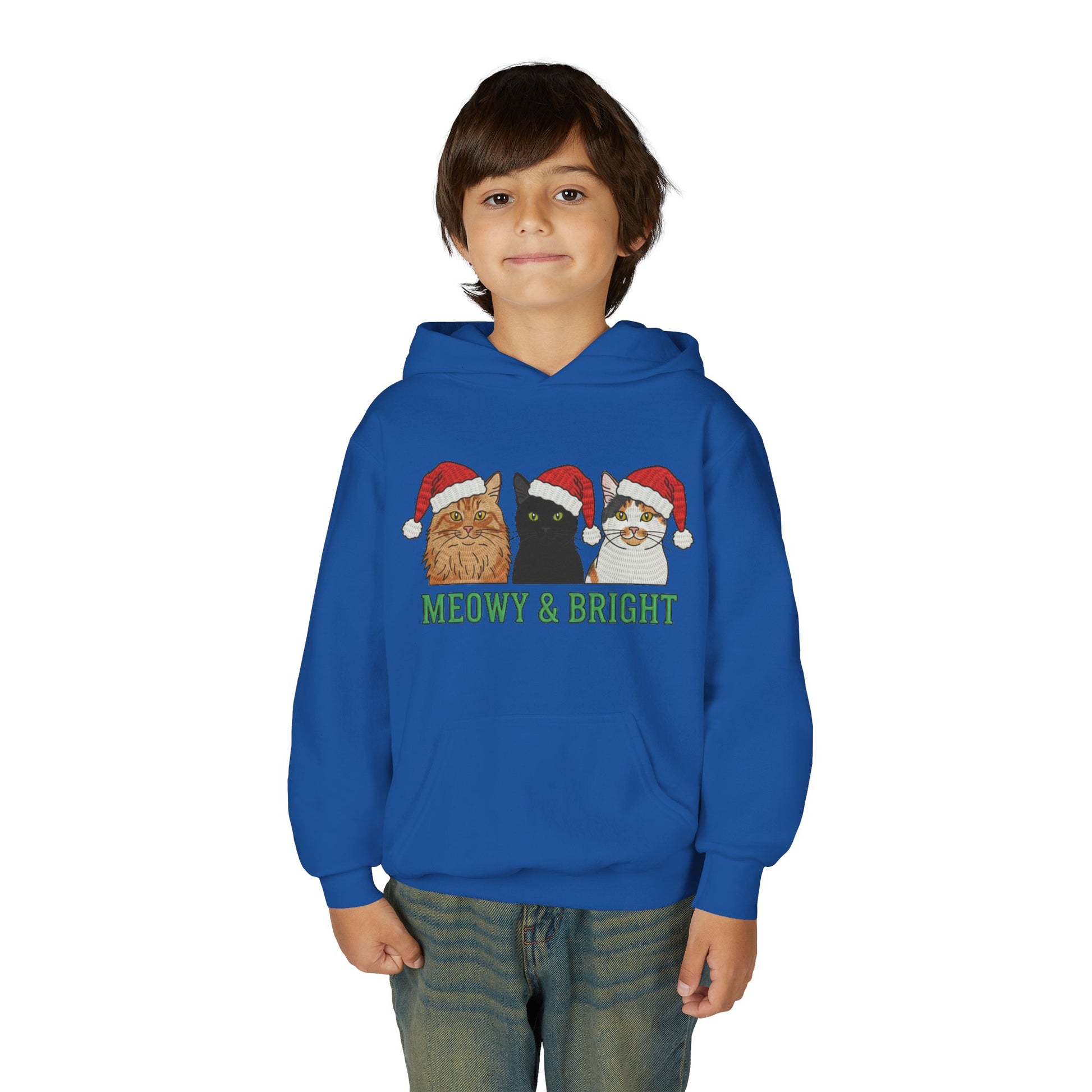Meowy and Bright Christmas Cats Youth Hoodie | Jolly Holiday Cat Design Printify