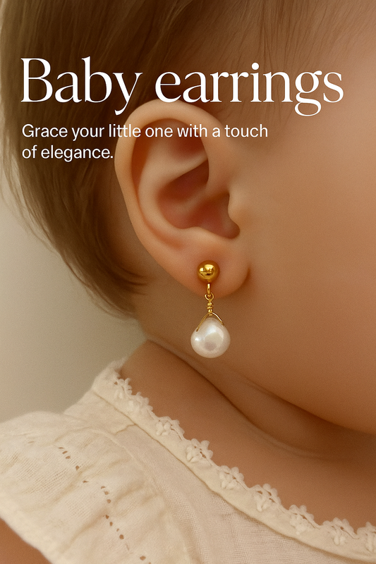 Pearl earring on a child's ear with text 'Baby earrings' and 'Grace your little one with a touch of elegance.'