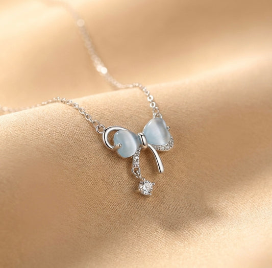 Bow Tie Necklace Solid Silver with Crystal Drop - Delicate Chain Jewelry for Sensitive Skin | Amtikiss Casuals Amtikiss Casuals