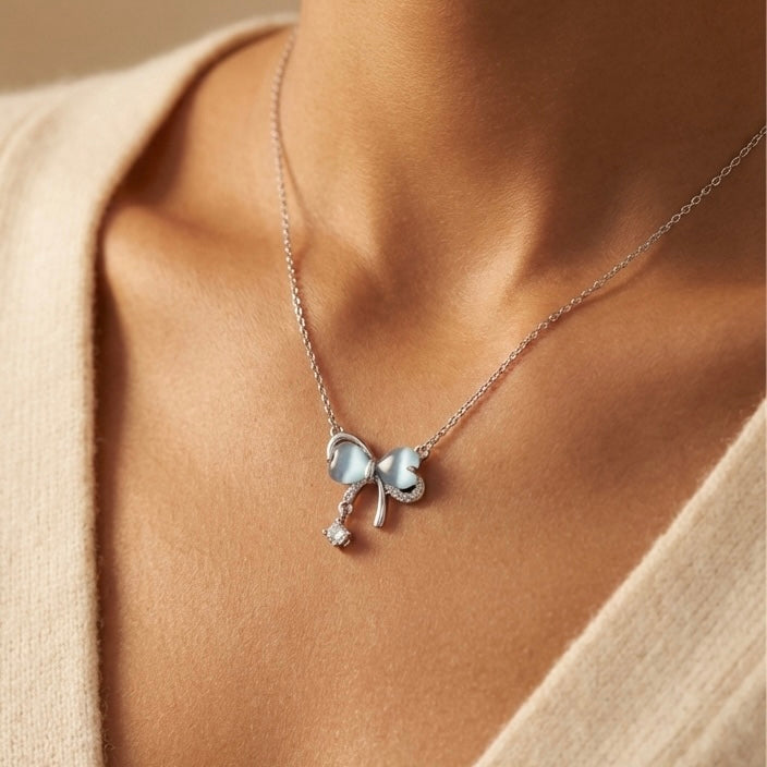 Bow Tie Necklace Solid Silver with Crystal Drop - Delicate Chain Jewelry for Sensitive Skin | Amtikiss Casuals Amtikiss Casuals