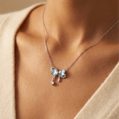Bow Tie Necklace Solid Silver with Crystal Drop - Delicate Chain Jewelry for Sensitive Skin | Amtikiss Casuals Amtikiss Casuals