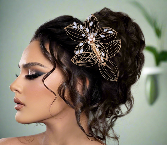 Elegant crystal pearl hair accessory detail