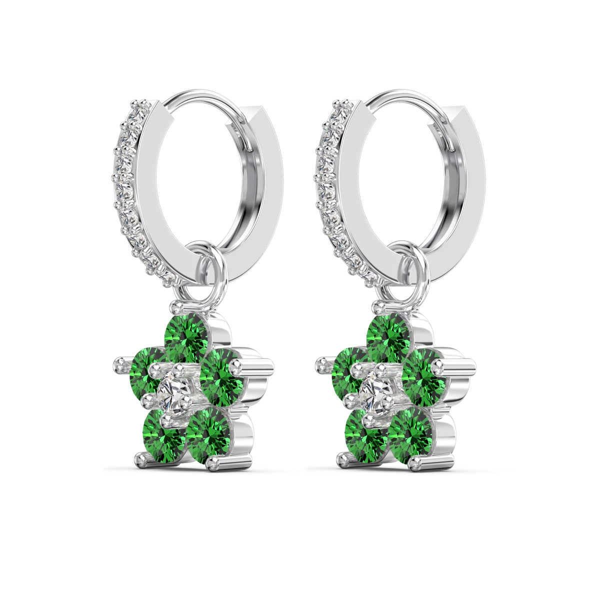 Emerald Green Flower Hoop Earrings 925 Sterling Silver Rhodium Plated CZ Dangle Huggie Hoops Amtikiss Casuals