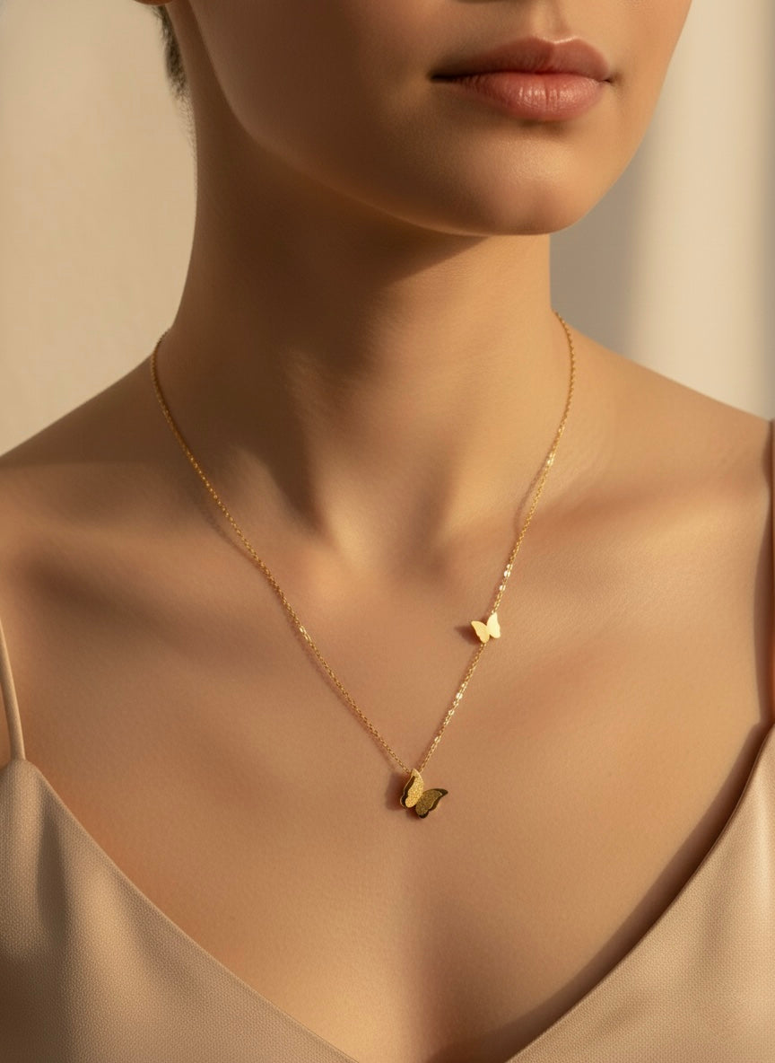 Gold Plated Butterfly Pendant Necklace – Stainless Steel Layered Jewelry