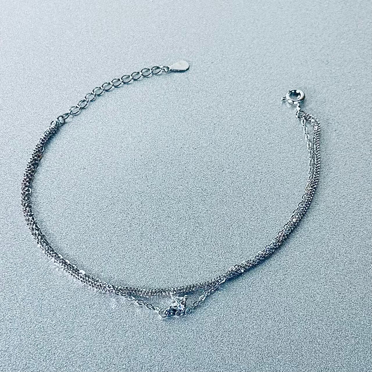Dainty Dual-Layer 925 Sterling Silver Bracelet – Hypoallergenic Everyday Elegance with Pavé & CZ Charm