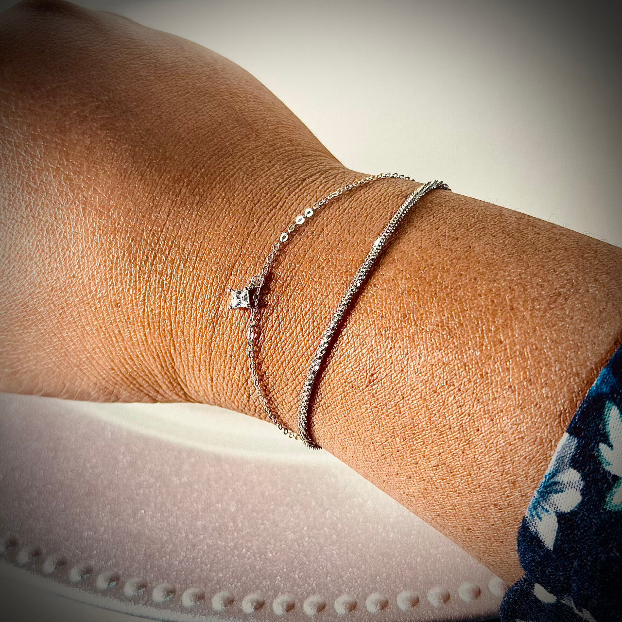 Dainty Dual-Layer 925 Sterling Silver Bracelet – Hypoallergenic Everyday Elegance with Pavé & CZ Charm