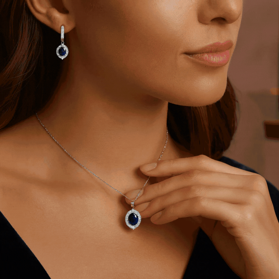 Women showing her jewelry set happily