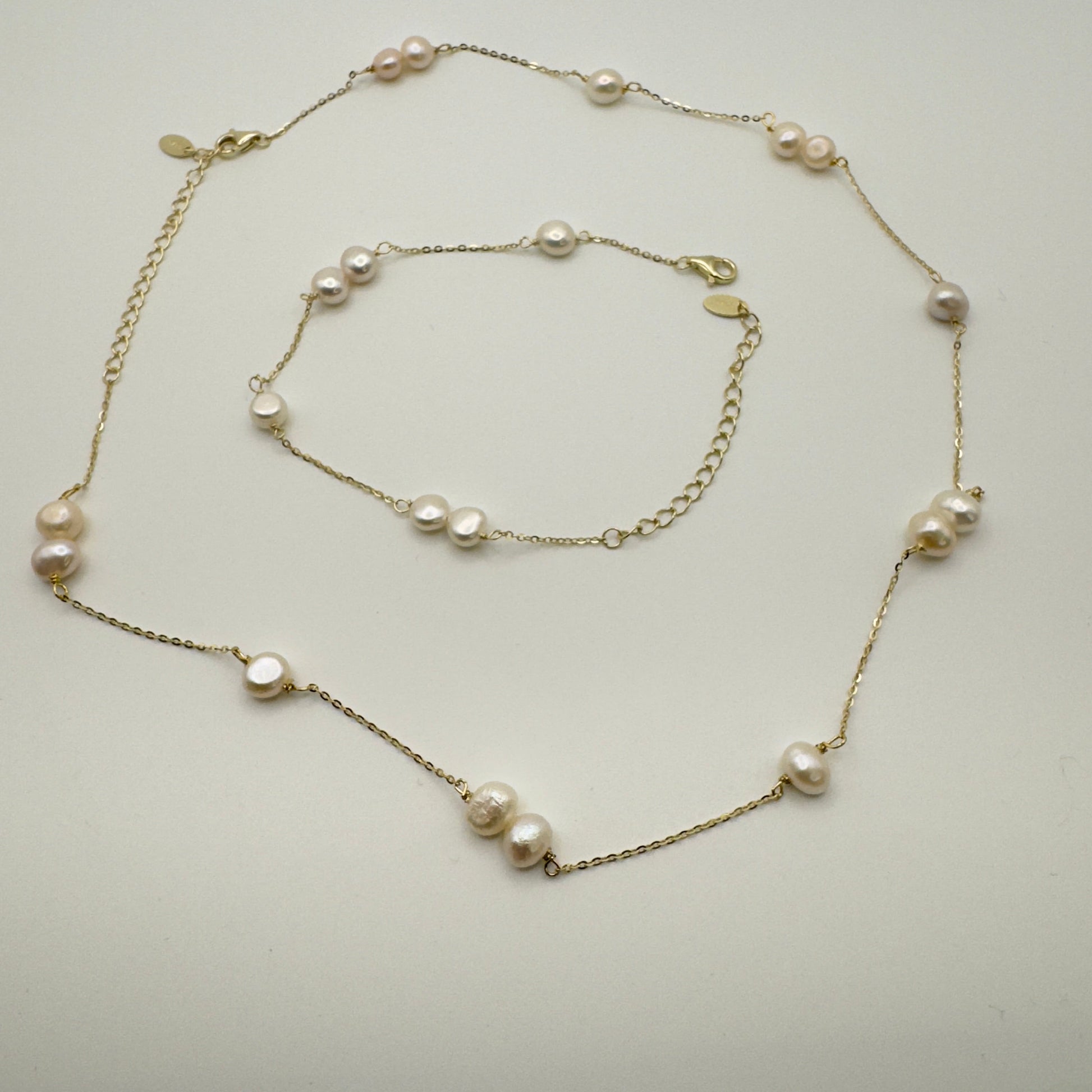 Luxe Pearl Station Necklace & Bracelet Set - 925 Sterling Silver 14K Gold Plated Amtikiss Casuals