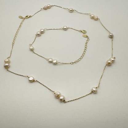 Luxe Pearl Station Necklace & Bracelet Set - 925 Sterling Silver 14K Gold Plated Amtikiss Casuals