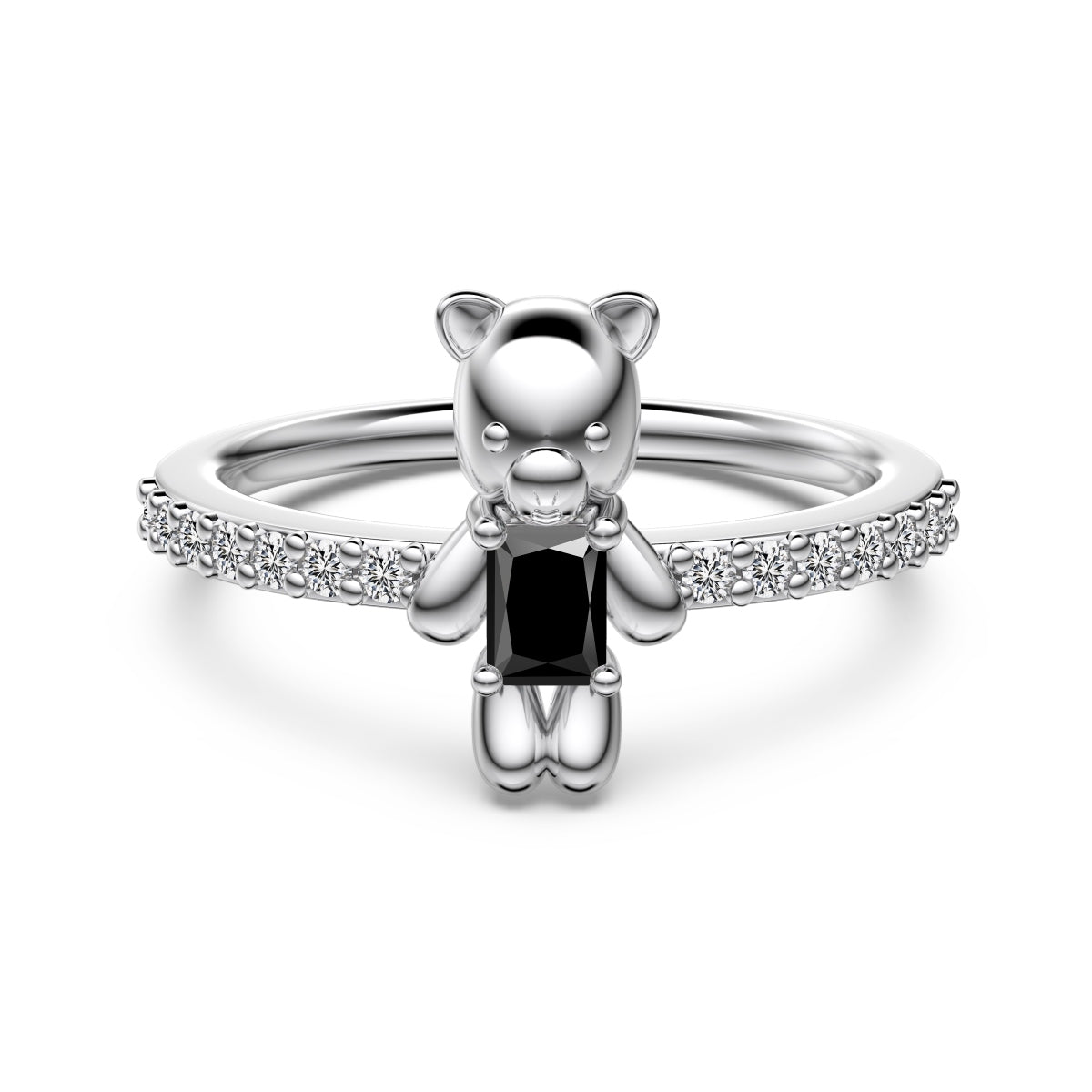 925 Sterling Silver Bear Ring with Black CZ Crystal - Rhodium Plated Hypoallergenic Jewelry Amtikiss Casuals
