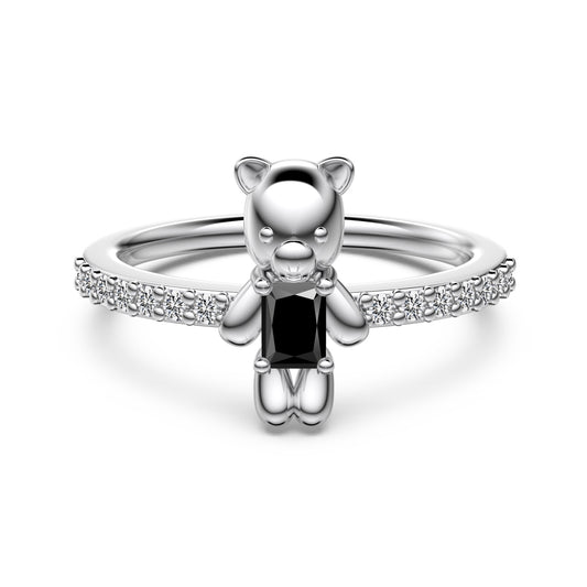 925 Sterling Silver Bear Ring with Black CZ Crystal - Rhodium Plated Hypoallergenic Jewelry Amtikiss Casuals
