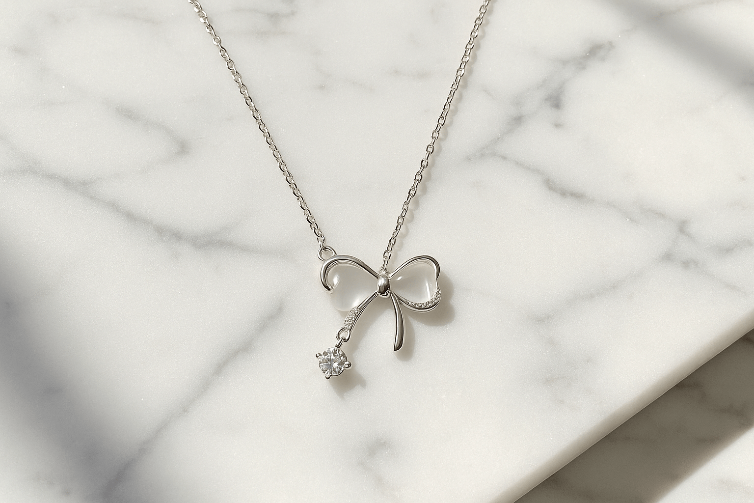 Elegant 925 Sterling Silver Bow Necklace with Crystal Drop - Delicate Chain Jewelry - Amtikiss Casuals