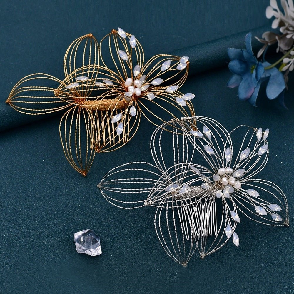 Elegant Antique Crystal & Pearl Floral Hair Pin – Bridal Hair Comb & Antique Floral Hair Pin - Amtikiss Casuals