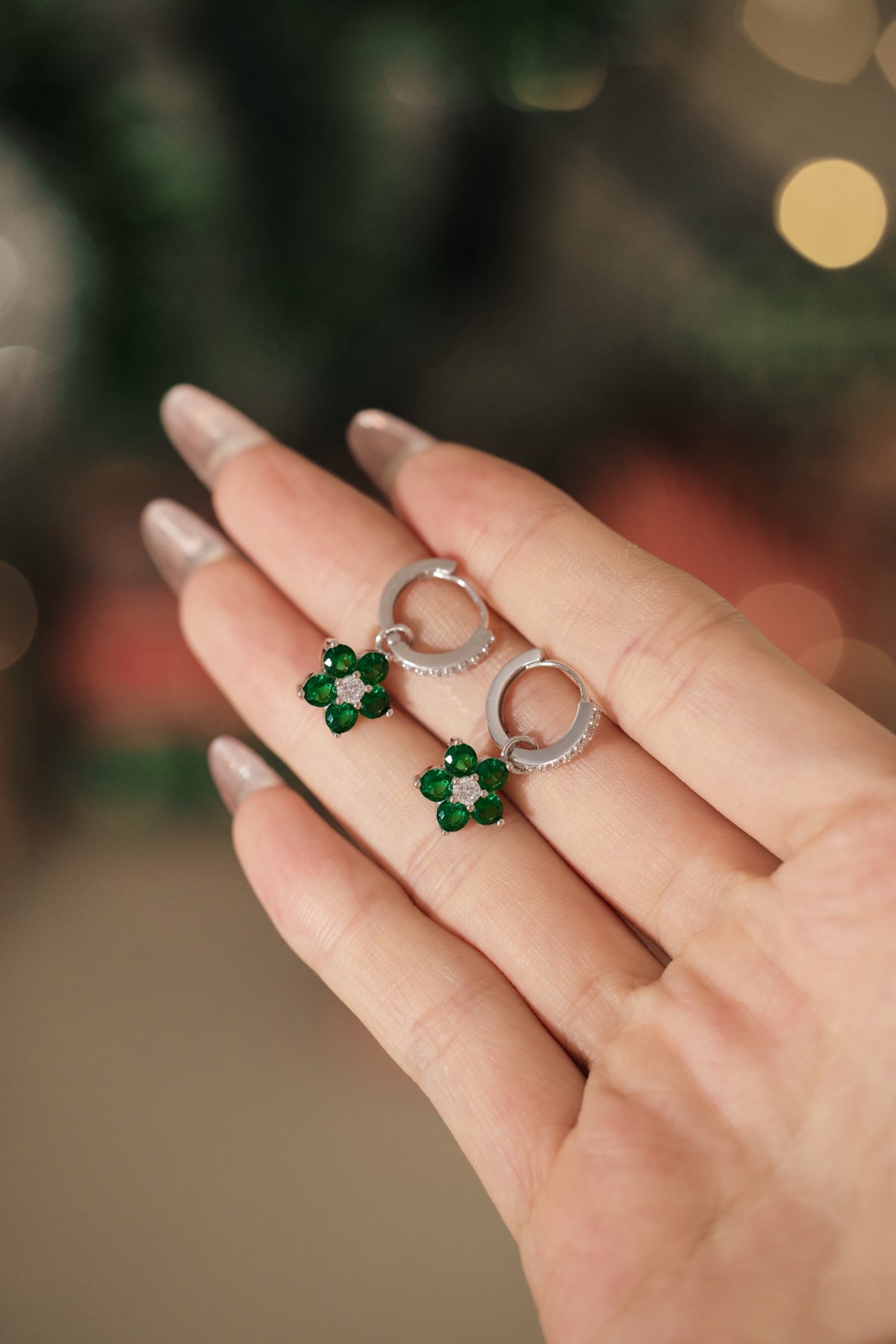 Emerald Green Flower Hoop Earrings 925 Sterling Silver Rhodium Plated CZ Dangle Huggie Hoops Amtikiss Casuals