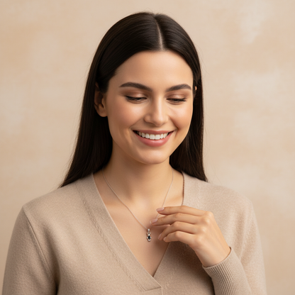 Happy Model Touching Bear Pendant Necklace