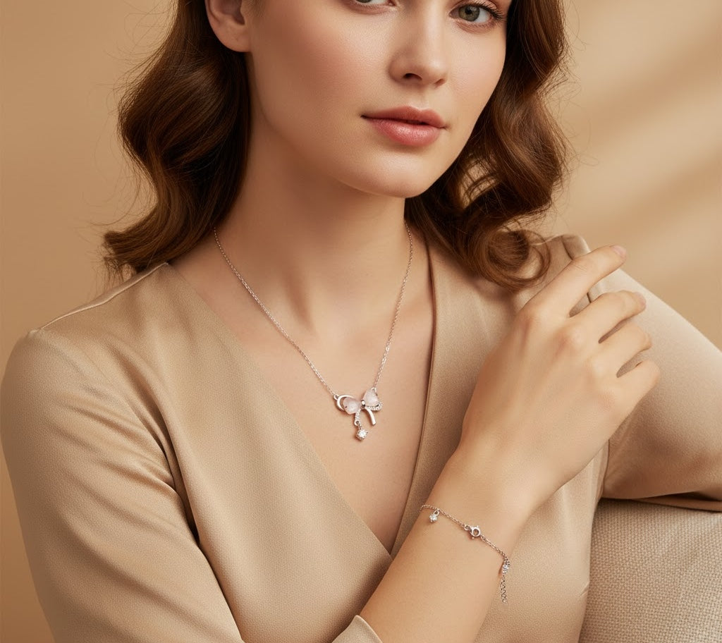 Heart & Bow Everyday Essential Bundle - 925 Sterling Silver Necklace & Bracelet Set | Hypoallergenic Jewelry