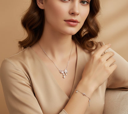Heart & Bow Everyday Essential Bundle - 925 Sterling Silver Necklace & Bracelet Set | Hypoallergenic Jewelry