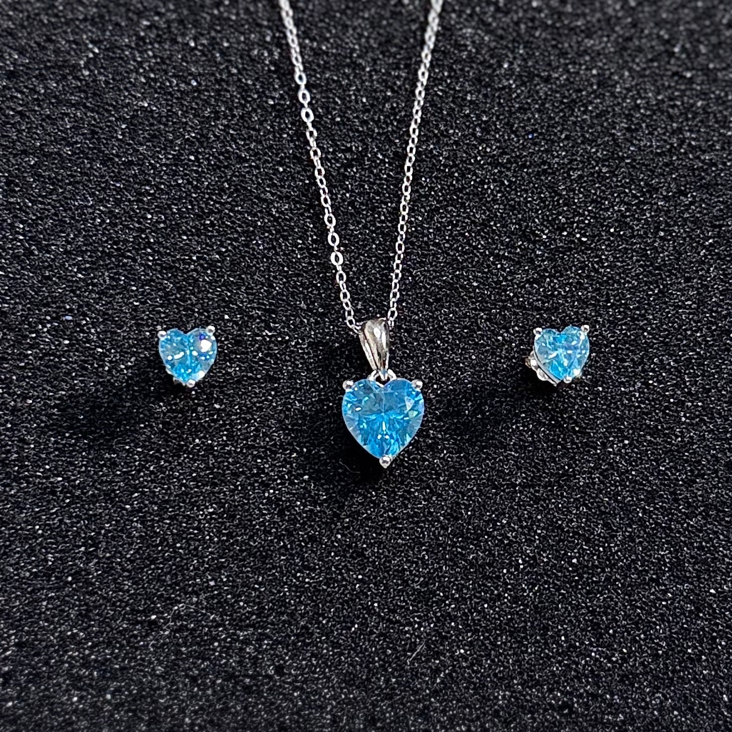 Hypoallergenic Rhodium Plated 925 Sterling Silver Turquoise Blue CZ Heart Jewelry Set - Amtikiss Casuals