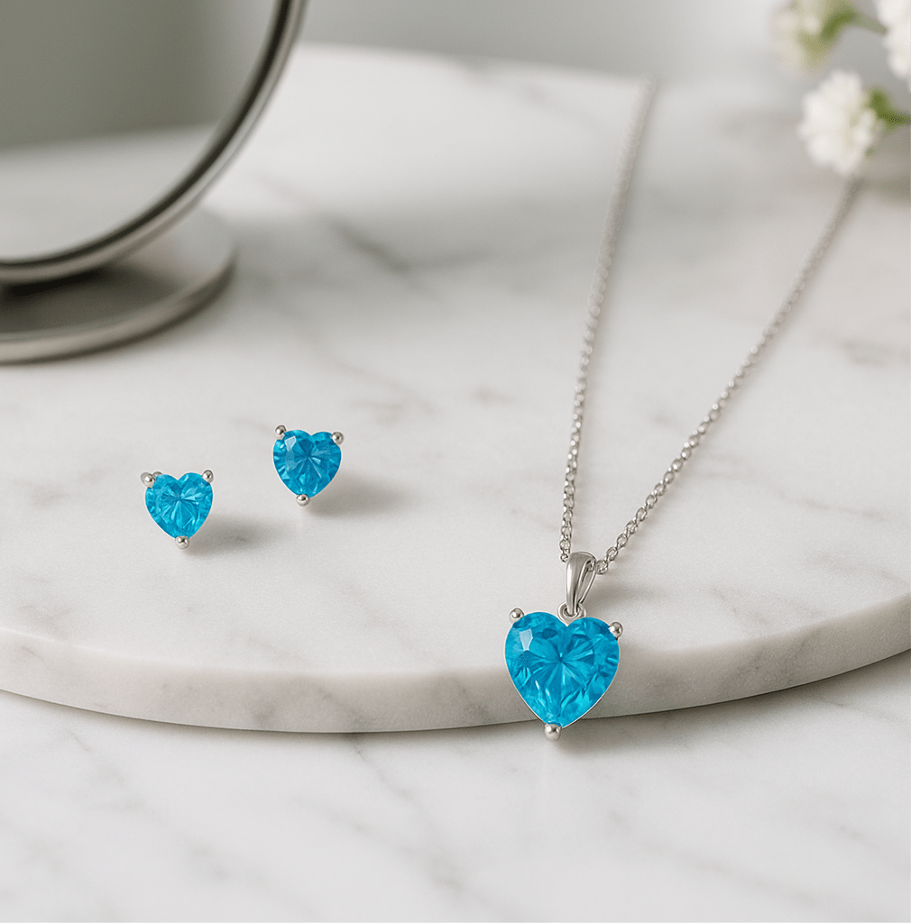 Hypoallergenic Rhodium Plated 925 Sterling Silver Turquoise Blue CZ Heart Jewelry Set - Amtikiss Casuals