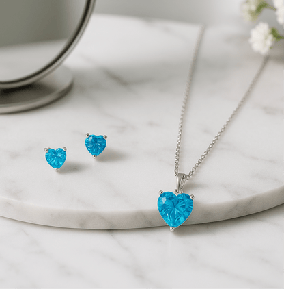 Hypoallergenic Rhodium Plated 925 Sterling Silver Turquoise Blue CZ Heart Jewelry Set - Amtikiss Casuals