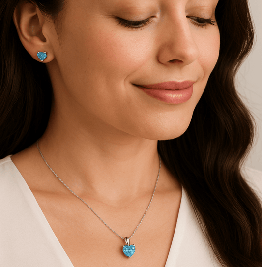 Hypoallergenic Rhodium Plated 925 Sterling Silver Turquoise Blue CZ Heart Jewelry Set - Amtikiss Casuals