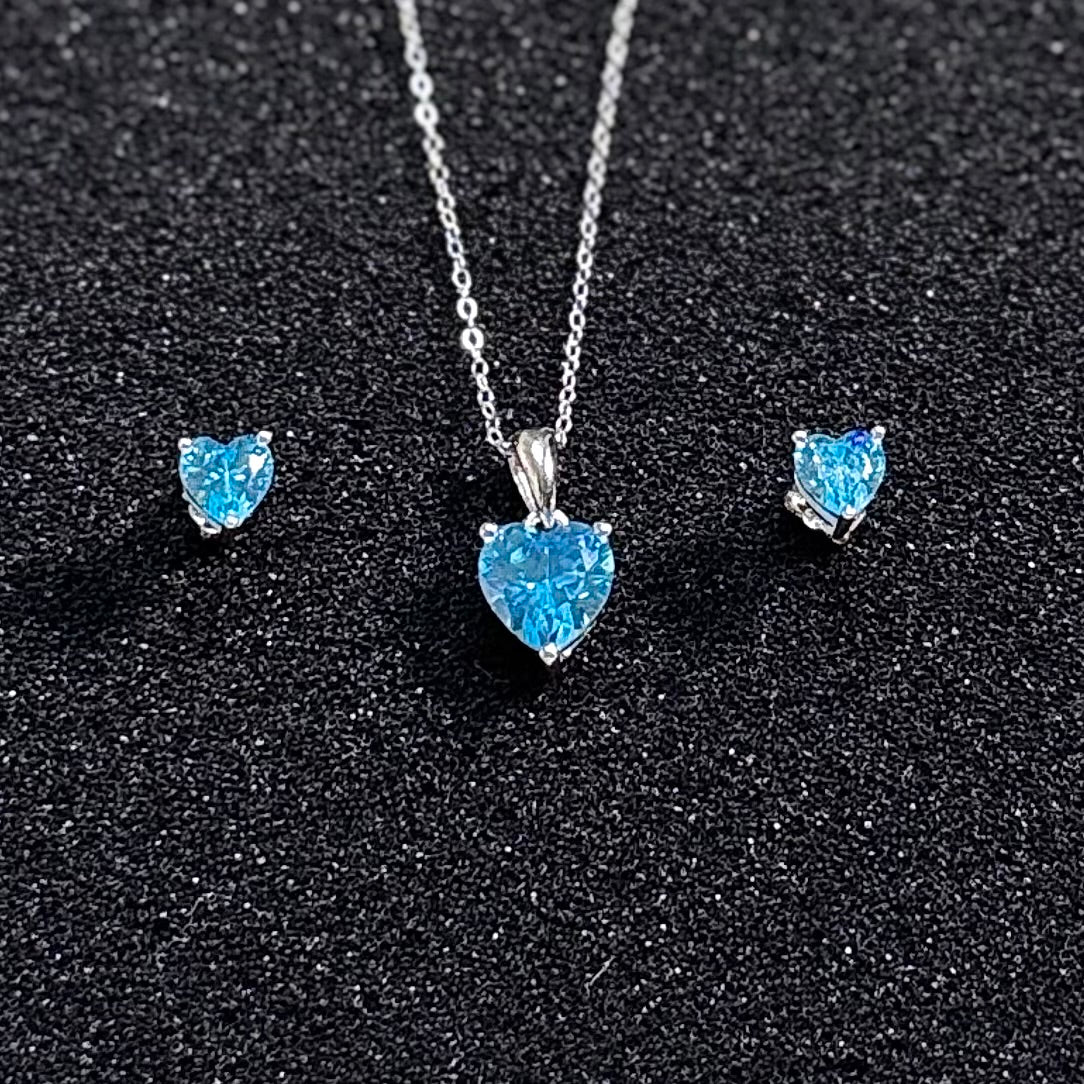 Hypoallergenic Rhodium Plated 925 Sterling Silver Turquoise Blue CZ Heart Jewelry Set - Amtikiss Casuals