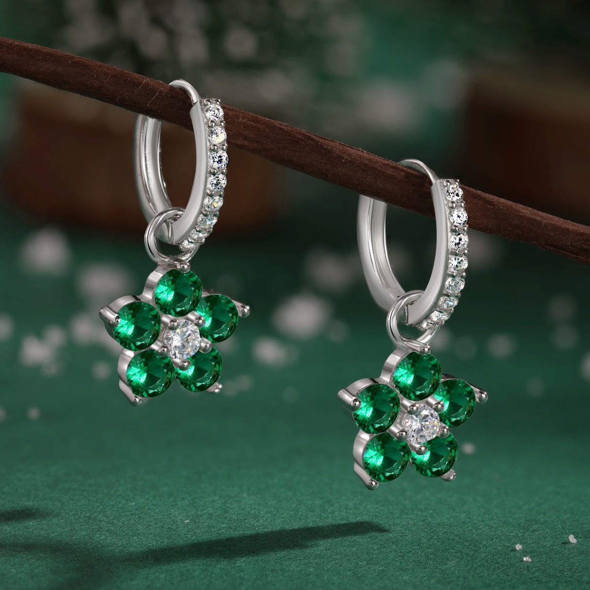 Emerald Green Flower Hoop Earrings 925 Sterling Silver Rhodium Plated CZ Dangle Huggie Hoops Amtikiss Casuals