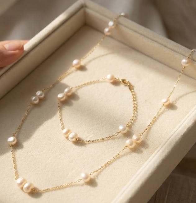 Pearl Necklace & Bracelet Bundle - 925 Sterling Silver Hypoallergenic Jewelry Set Amtikiss Casuals