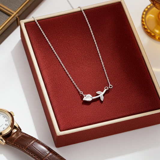 925 Sterling Silver Twig pendant necklace in a red jewelry box