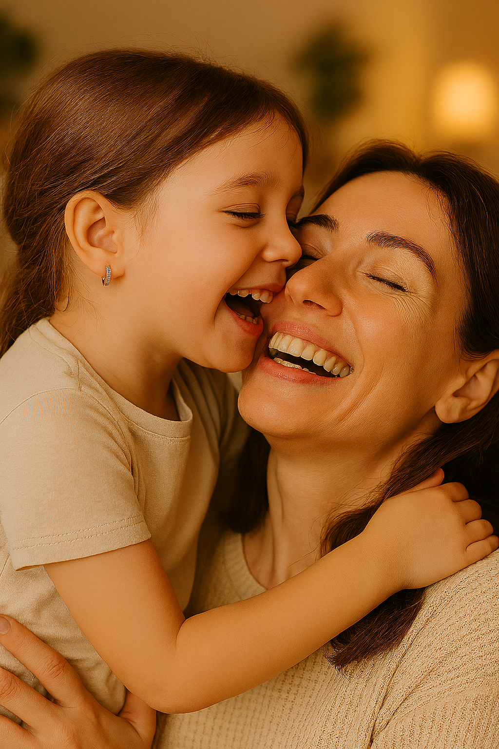Woman and young girl laughing together indoors