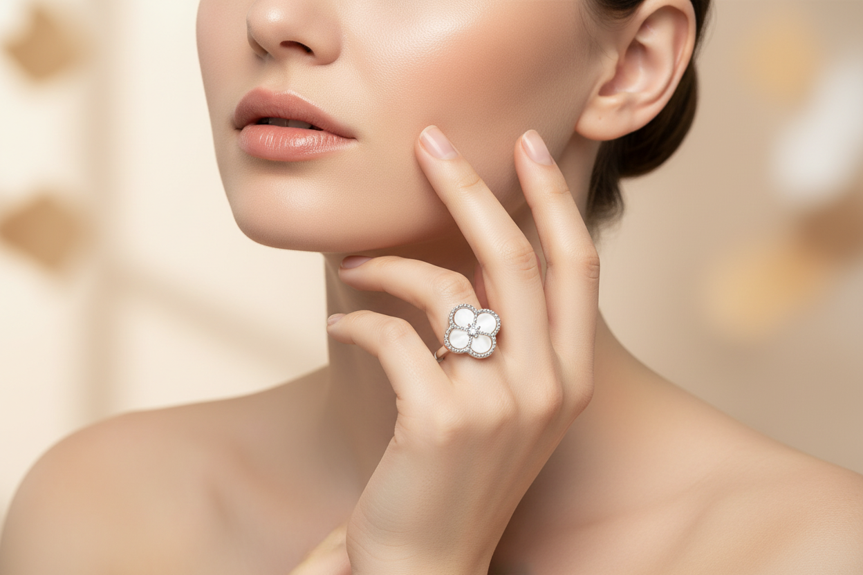 Woman wearing clover ring touching neck - lifestyle shot