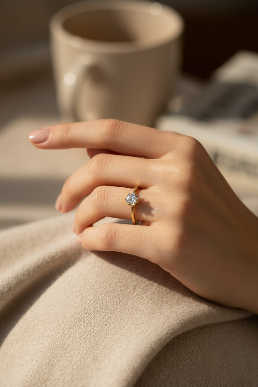 Woman Wearing Gold-Plated Engagement Ring
