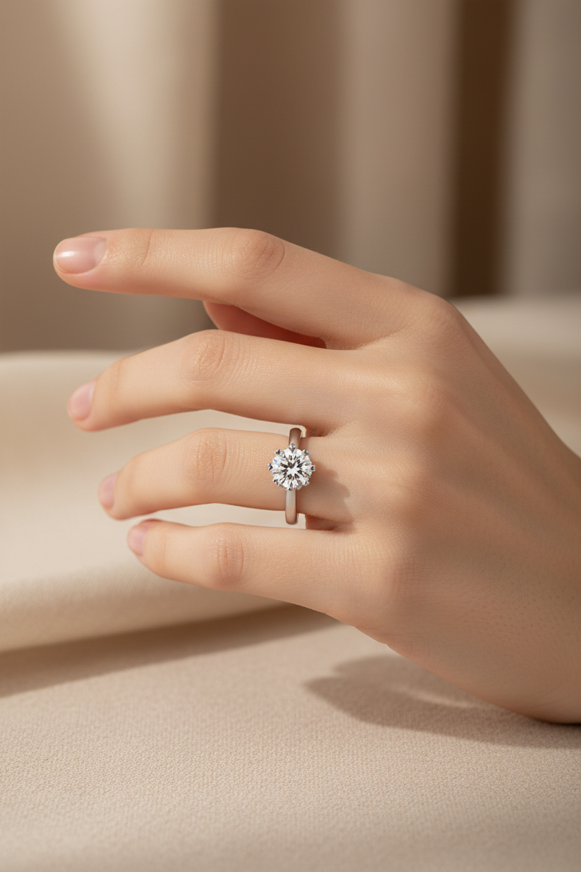 Woman Wearing Rhodium Silver Engagement Ring