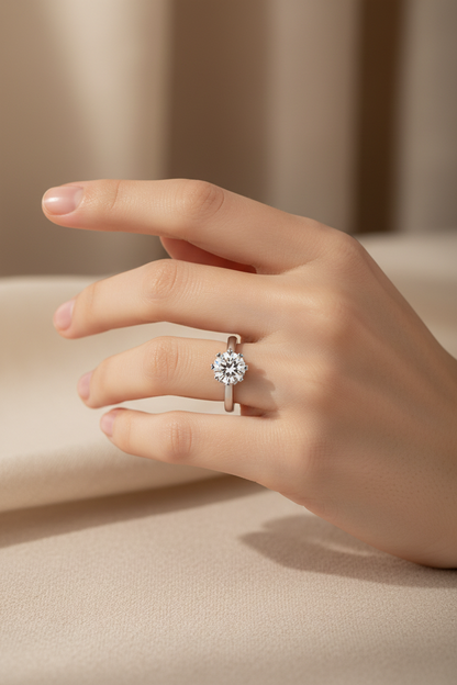 Woman Wearing Rhodium Silver Engagement Ring